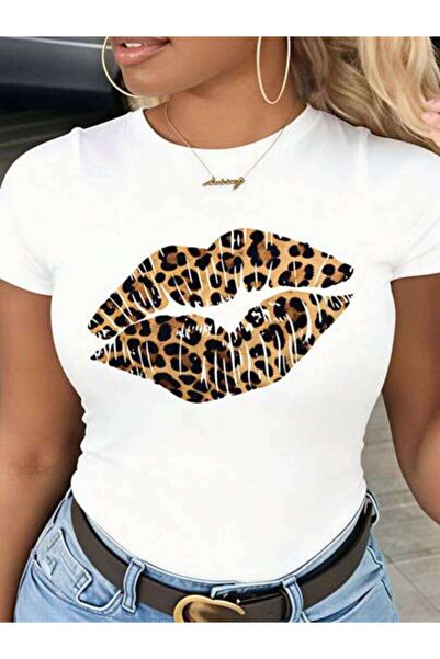 23ERVA Women's Leopard Lips Print, Pure Cotton T-Shirt, Casual Summer Wear, P...