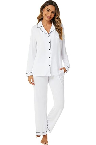 Aamikast Women's Long Pyjama Sets with Button Placket, Two-Piece Sleepwear, L...