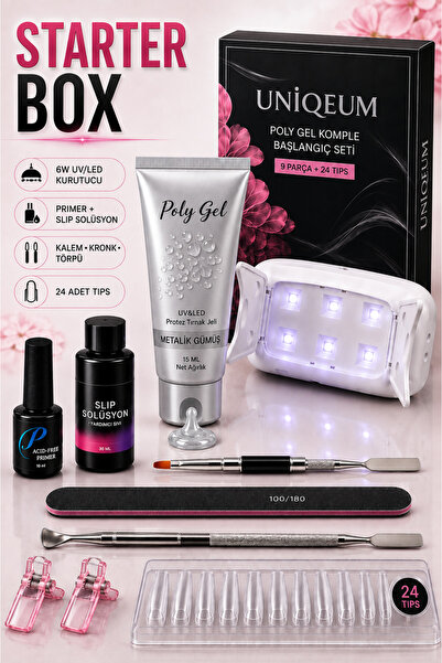 Uniquem Poly Gel Tırnak Uzatma Jel Metalik Gümüş Oje Starter Box 9 Parça + 24 Tips Seti Uv Led Full Paket