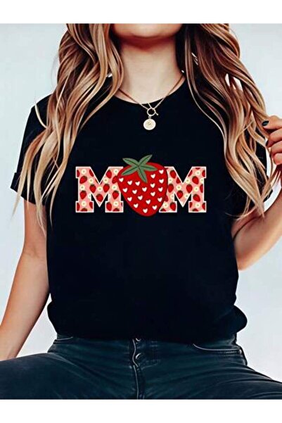 25W Women's Mom Strawberry Pattern, Pure Cotton T-Shirt, Spring Summer Wear, ...