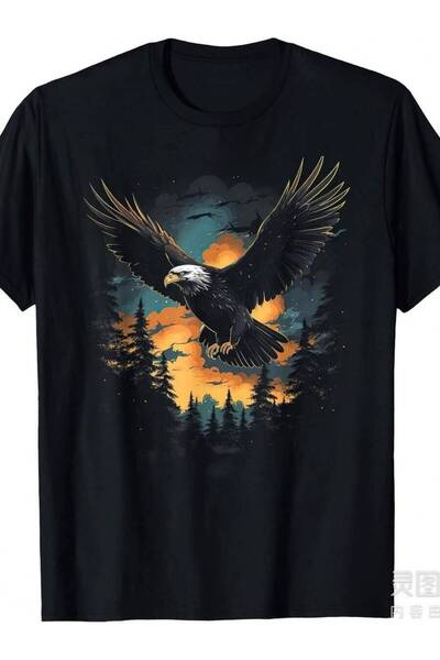 2BIR Men's Women's Forest Wildlife T-Shirt - Black Retro Eagle & Pine Tree Ni...