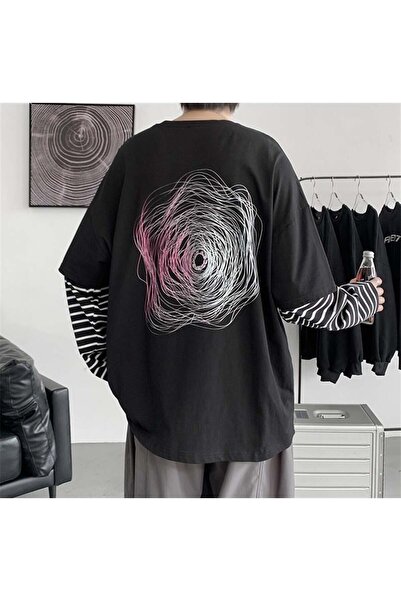 DEEFWEAR تي شيرت أسود للجنسين بطباعة خطوط عشوائية على الظهر وأكمام وهمية