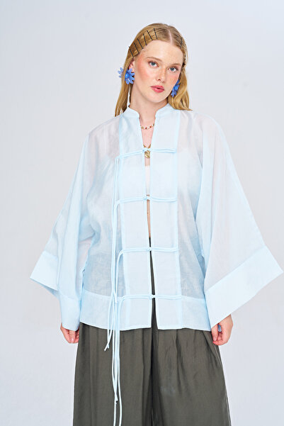 Orfeo Negro Women's Chinese Collar String Button Solid Color Transparent Kimono