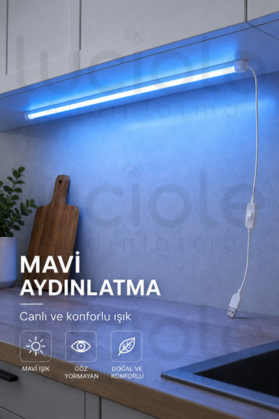 luciole Mavi Işık 1 Metre USB Dolap Raf Aydınlatma Çubuğu Anahtarlı Yapışkanl...