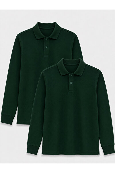 ROZELT 2-Pack Cotton Long Sleeve Polo School T-Shirt - Dark Green