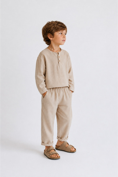 tinibud Gots Certified Baby Boy and Child Set – Beige Long Sleeve 2-Piece Set