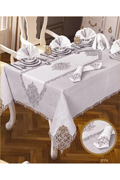 CB.B. TÜRK İŞİ HOME Elegant Linen Cream-Silver 26 Piece 12 Seater 160 × 260 c...