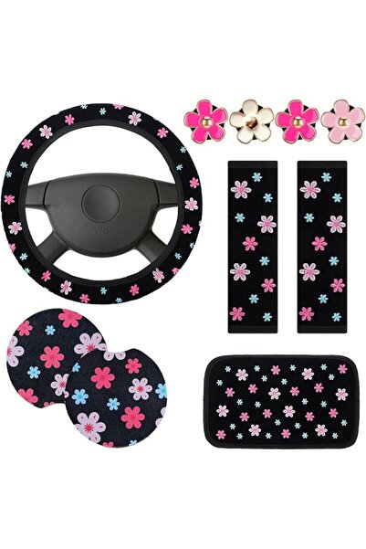 Tazweeq 10Pcs Embroidery Cute Flower Car Accessories Set, Steering Wheel Trim...