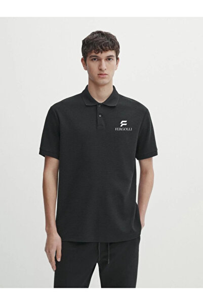 Generic Brand Men's Pique Polo Collar T-Shirt with Buttons and Print - White