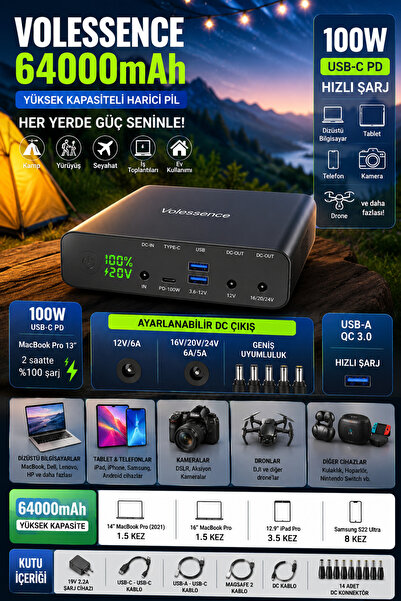 Customs Volessence Taşınabilir Powerbank 64000mAh PD 100W USB C Yüksek Kapasi...