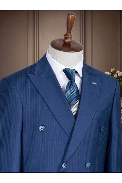 ilayda emir Slim Fit Double-Breasted Navy Blue Striped Men's Suit – Stylish C...