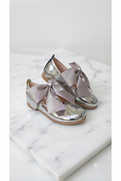 PATİK BEBE Girls' Silver Color Shiny Patent Leather Bow-Tie Orthopedic Stylis...