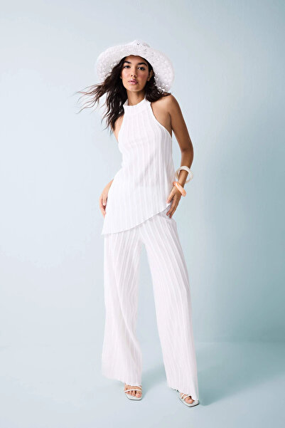 DeFacto F6172Axer105 Ecru Wide Leg Wrinkled Textured Ecru Trousers