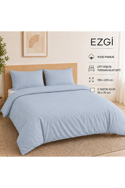 Ezgi 100% Cotton Zippered Single Duvet Cover and 1 Pillowcase with Cover Blue...