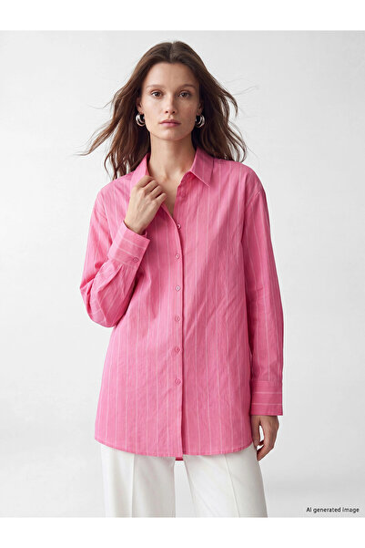 LC Waikiki Lcw Modest Pink Striped Oversize Women's Shirt Tunic