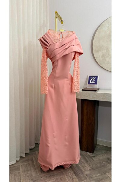 leen fashion فستان سهرة وردي أوف شولدر بأكمام دانتيل وقصة ذيل طويلة