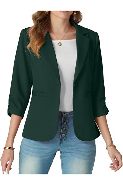 Grecerelle Womens Blazer Suit 3/4 Ruched Sleeves Ladies Formal Jackets Casual...