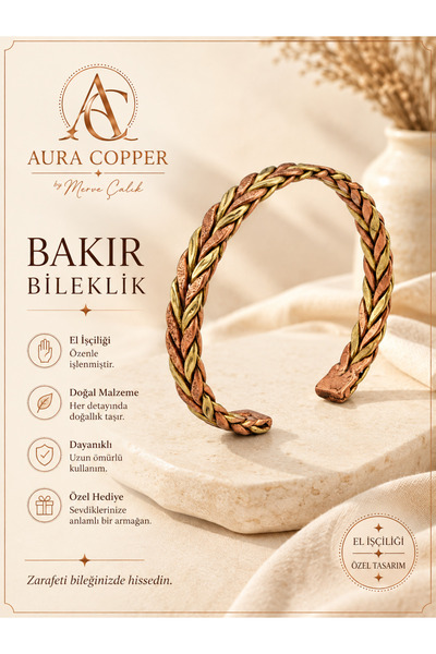 AURA COPPER Bakır Bileklik El Yapımı Örgü Desenli Ayarlanabilir Unisex Kelepç...