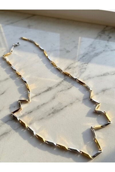 Meneva Aksesuar Geometric Design Stainless Steel Necklace with Gold and Silve...