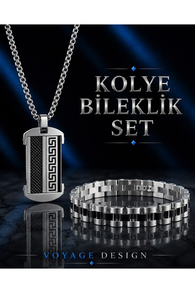 voyageaccessory مجموعة قلادة من الفولاذ المقاوم للصدأ باللون الأسود والفضي بن...