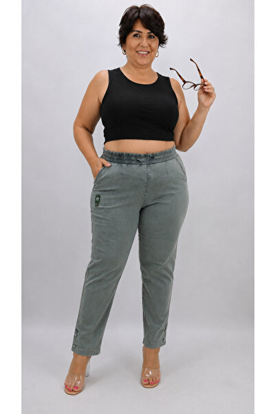 MOTIVATION Plus Size Akar Fabric Mom Elastic High Waist Lace-Up Cuff Button D...