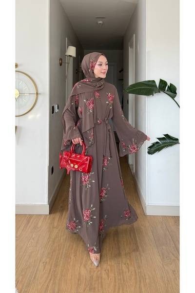 NİLNUR MODA فستان توبا للموسم الجديد مع شال وتفاصيل تطريز زهور كهدية