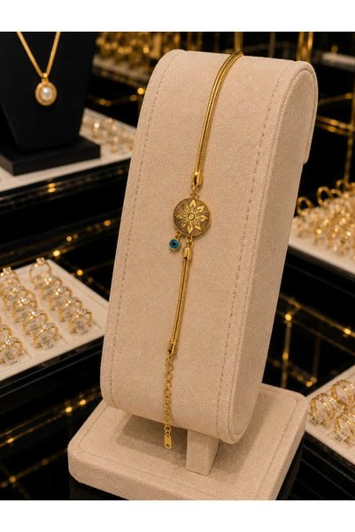 ELANORAFORYOU Gold Steel Bracelet with Evil Eye Beads and Sun Motif – Women's Bracelet