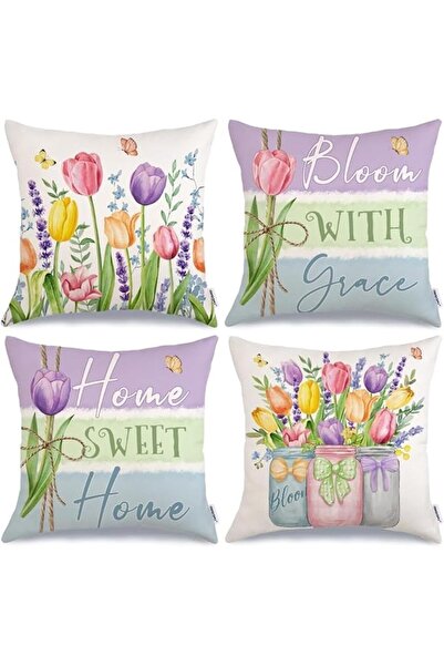 Tazweeq 4 Pcs Floral Throw Pillow Covers, Farmhouse Floral Decor, Stripes Sea...
