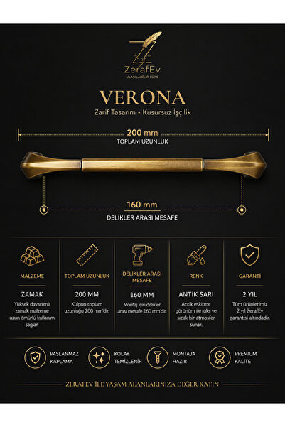 zerafev Verona 160 mm Antik Sarı Zamak Mobilya Kulp – 20 cm Dolap ve Çekmece Kulpu