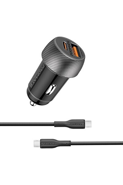 Promate شاحن سيارة بمنفذين بقوة 33 وات مع توصيل طاقة USB-C وQC 3.0 USB-A وكاب...