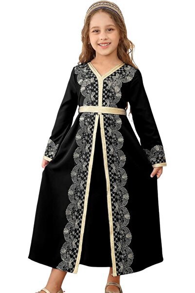 IWEMEK Kids Girl Muslim Abaya Dress Long Sleeve Islamic Kaftan Eid Robe Maxi ...