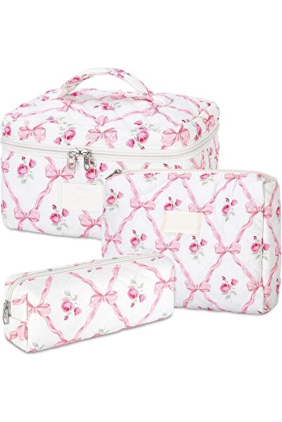 JOYZZZ Makeup Bag, 3 PCS Large Floral Quilted Cosmetic Pouch Set for Women, C...