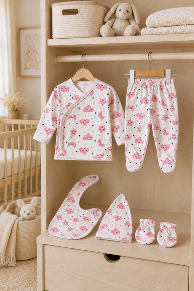 bebeqon Newborn Baby Girl 5-Piece Hospital Discharge Set Pink Cloud Patterned...