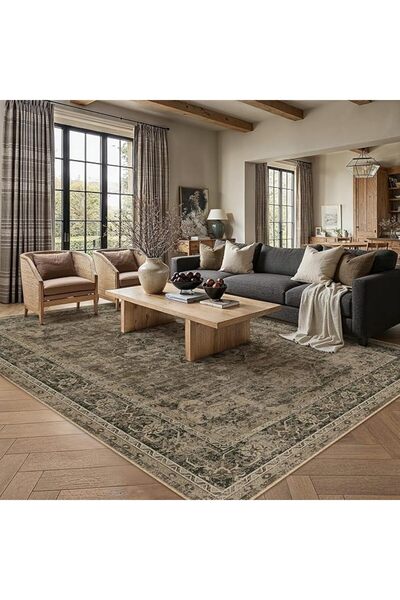 GENERAL PureCozy Vintage Living Room Rug 300x400cm Retro Washable Non Slip Area Rugs Beige Large Carpets Bed