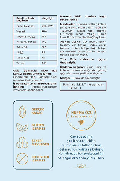 FARMİO İlave Şekersiz Çikolata Kaplı Kinoa Patlağı - 70gr Teneke Kutu