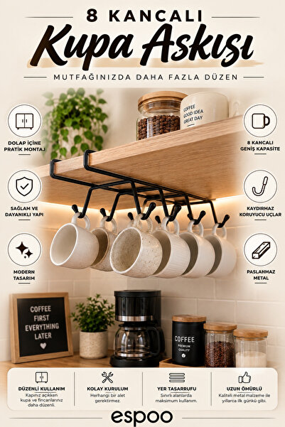 Espoo Design 8 Kancalı Yapışkanlı Fincan Kupa Bardak Askısı Dolap Içi Kancalı...