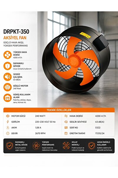 FANEXFAN DRPKT-350 Dıştan Rotorlu 35 cm Monofaze Kanal Tipi Aksiyal Fan Haval...