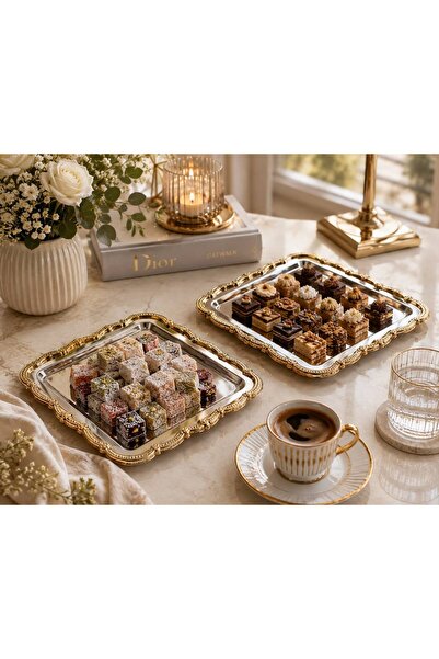 PARLADECOR PASLANMAZ ÇELİK 2 Lİ KARE GOLD ÇİÇEK DESENLİ SUNUM TABAĞI, KAHVE T...