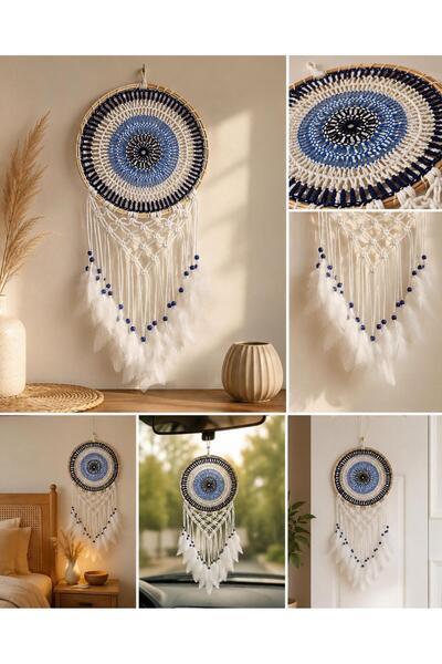 Bohem Nazar Boncuklu El Yapımı Rüya Kapanı Duvar Dekoru – Mavi Beyaz Dreamcatcher