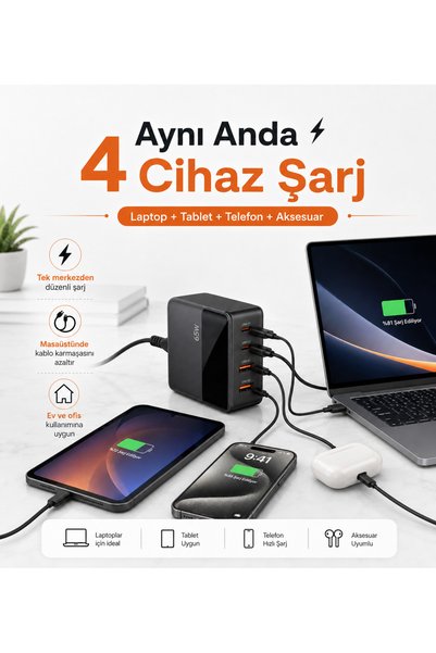 Hil Tech Eminönü Toptan Elektronik 65W GaN Masaüstü Şarj Cihazı 4 Port 2 USB-...