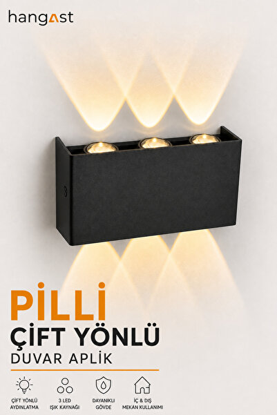 HANGAST Pilli Gün Işığı 12W 3 LED Çift Yönlü Siyah Duvar Aplik Dekoratif LED ...
