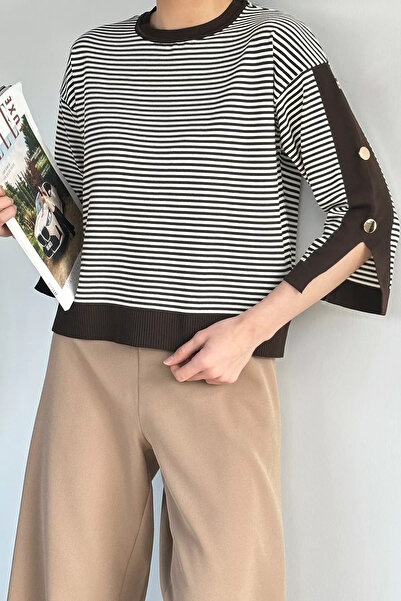 Aryena Kahvekrem Women's Striped Knitwear Blouse