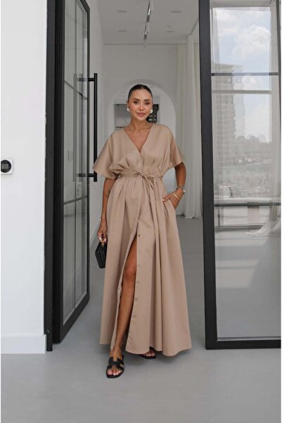 Havoş Camel Waist-Tied V-Neck Dress