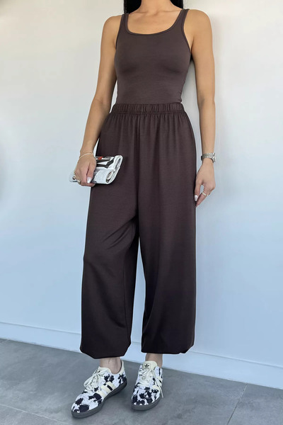 Aryena Brown Women's Shalwar Model Trousers with Elastic Waist and Cuffs