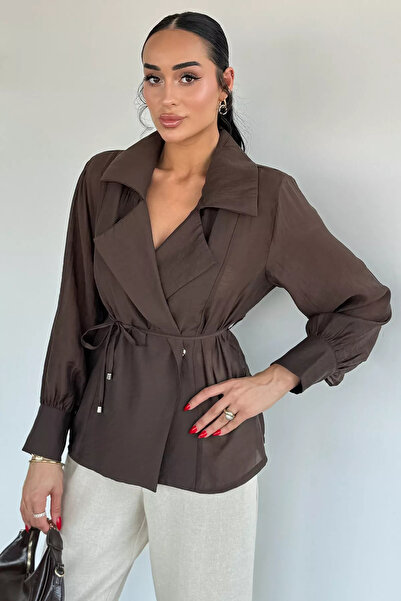 Aryena Brown Women's Double-Breasted Jacket with Snap Collar and Belt Detail