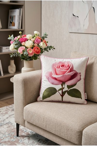 Rayda Home Pink Rose Patterned Decorative Throw Pillow Cover – Floral Motif Living Room and Sofa Cushion Cover Modern Home Decor