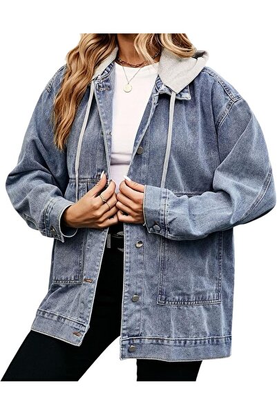 Generic Women's Oversized Denim Shacket Button Down Vintage Distressed Jean J...