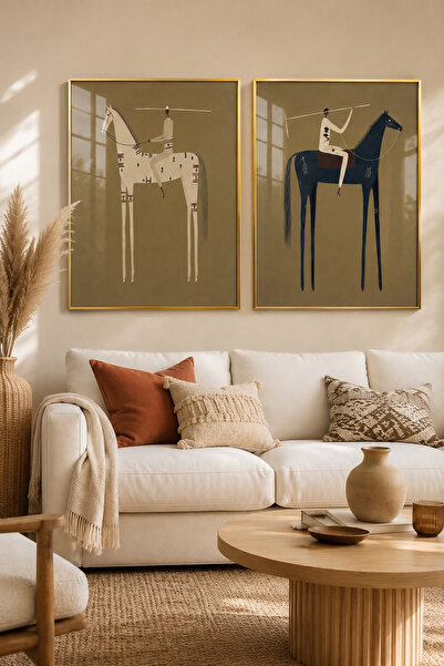Linacci Tablou modern abstract Boho cu figură de cal, cu ramă din aluminiu au...