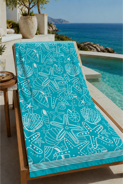 Evmila Turquoise Sea Creatures Drawing Patterned 70X150 Beach Towel - Digital...