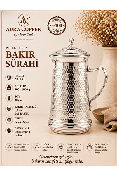 AURA COPPER Petek Desenli Bakır Sürahi 2 L Kapaklı Gümüş Renk 1,2 mm Gaziante...